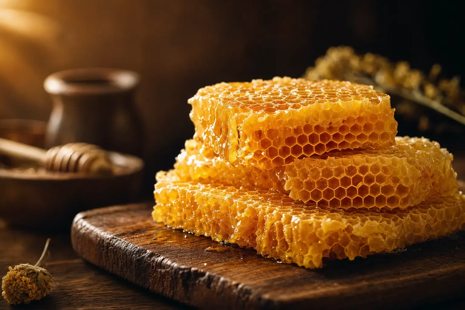 Honeycomb beeswax on a wooden board