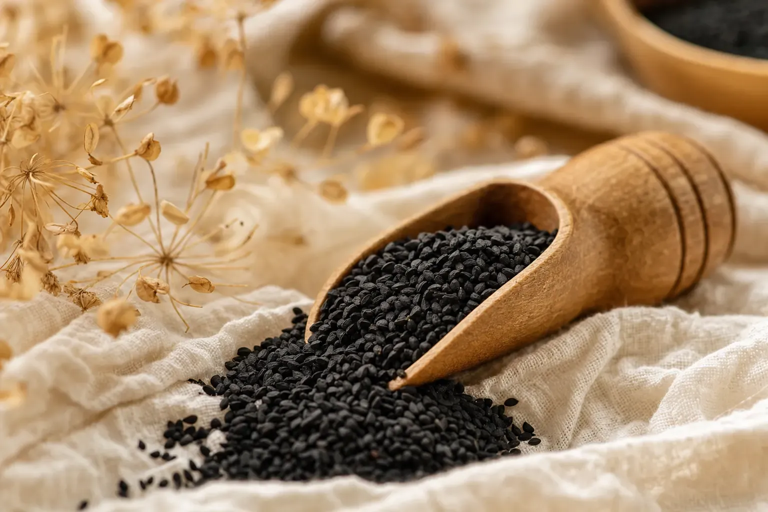 Black seed in a wooden scoop