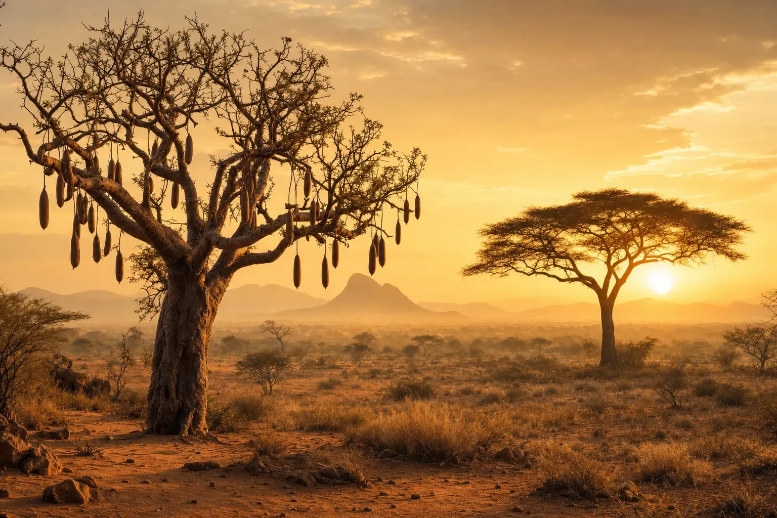 Kigelia trees on the savanna at sunset