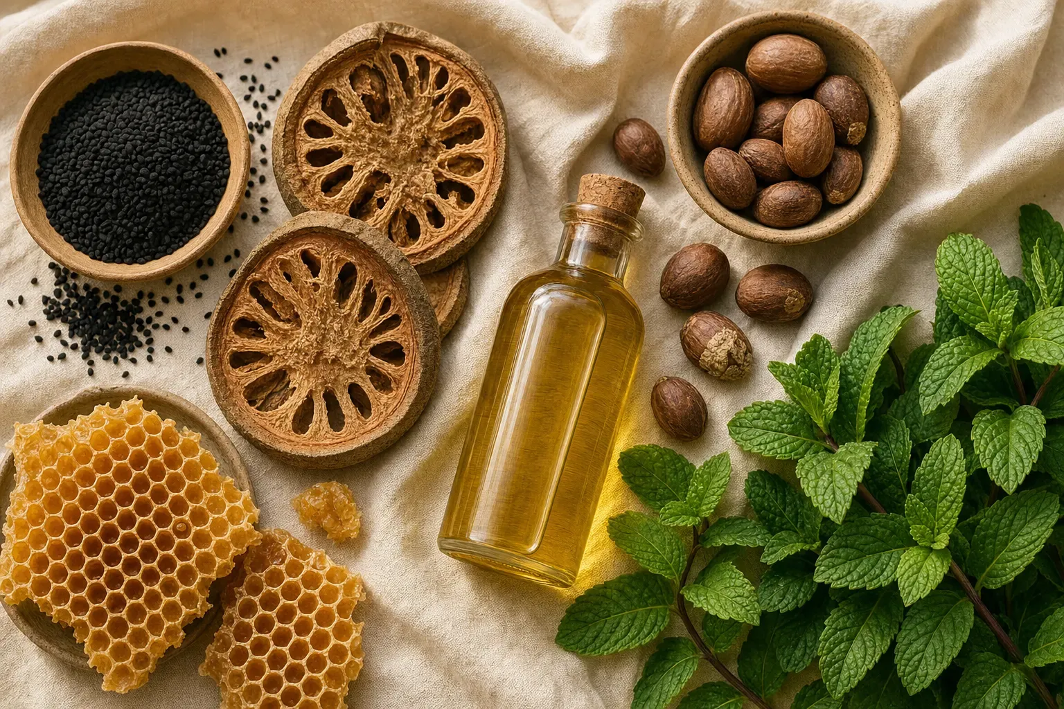 Black seed, kigelia, shea nuts, beeswax, jojoba oil and fresh peppermint laid out on linen
